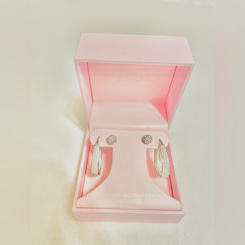 Brand New Sparkling Silver Austrian Crystal Hoops Studs Earrings Set Nickel Free